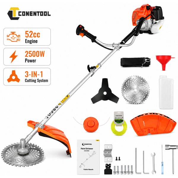 CONENTOOL 3 in 1 Petrol Brush Cutter 52cc 2500W Weed Wacker 11000RPM Petrol Grass Trimmer for Lawn Garden Farm Brush Clearing