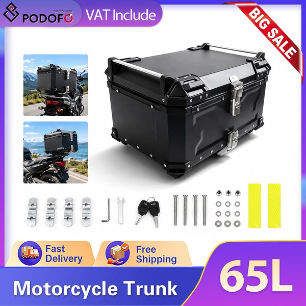 Podofo 65L Motorcycle Top Case Waterproof Aluminum Motorcycle Trunk with Universal Mounting Base,Hard Shell Rear Top Box with Dual Locks, Keys, Quilted Inner Liner, Storage Pockets & Hardware for