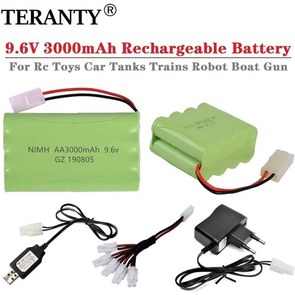 Akumulator Ni-MH 9,6 V, 3000 mAh + ładowarka USB do zabawek RC, samochodów, czołgów, pociągów, robotów, łodzi, pistoletów. Akumulator Ni-MH 9,6 V, typ AA, do wielokrotnego ładowania.