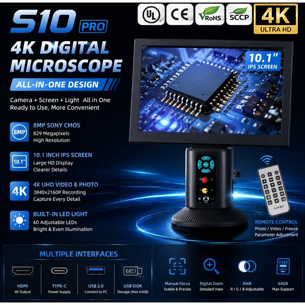 YIZHAN S10 Pro 4K Digitalmikroskop 10,1 Zoll HD-Bildschirm 8MP CMOS Industrielle Inspektionskamera All-in-One-System HDMI 4K-Ausgang USB-PC-Verbindung Typ-C-Schnittstelle 60 LED-Leuchten Fernbedienung