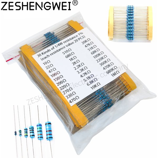 600pcs/set 30 Kinds 1/4W Resistance 1% Metal Film Resistor Pack Assorted Kit 1K 10K 100K 220ohm 1M Resistors 300pcs/set