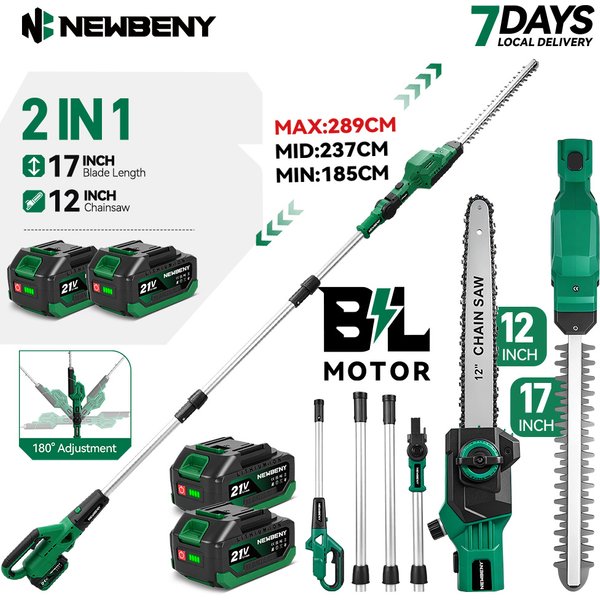 NEWBENY 2-IN-1 Bürstenloser Elektrischer Teleskopstab, Hochastsäge & 17 Zoll Heckenschere, Kabellose 12 Zoll Kettensäge, Gartenwerkzeug-Set für Makita 21V Akku