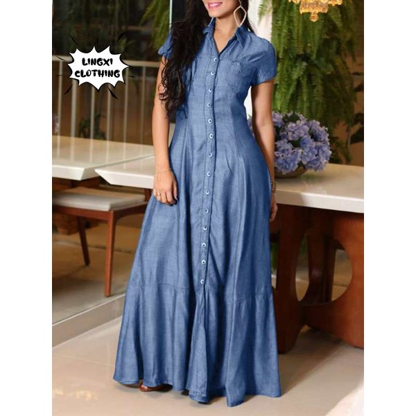 2023 Fashion New Long Dress Shirt Neck Pocket Large Swing Dress Casual Elegant Temperament Single Breasted Denim Dress