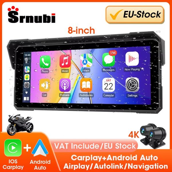 Srnubi 8 "Carplay Moto GPS Navigation IP67 étanche 4K Moto DVR sans fil Carplay Android Auto Moto enregistreur moniteur