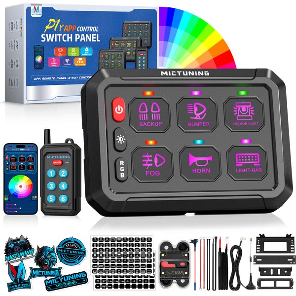 Panel przełączników MICTUNING P1Y RGB z 6 przyciskami, sterowany bezprzewodowo pilotem i aplikacją, zasięg pilota do 70 metrów, 12V/24V do ciężarówek, kamperów i pojazdów terenowych.
