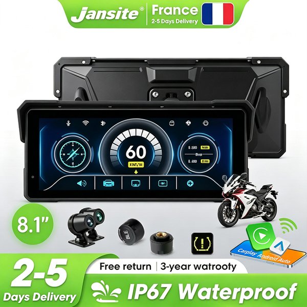 Jansite, écran intelligent pour moto de 8,1 pouces, compatible avec CarPlay sans fil et Android Auto, GPS, caméra de tableau de bord pour moto avec enregistrement vidéo 4K à l’avant et 1080P à