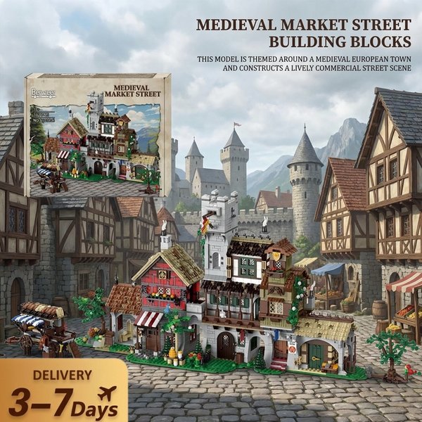 3021-teiliges Mittelalterliches Marktgasse-Bausteinset Retro-Architektur-Modell zum Zusammenbauen Sammlerstück Heimdekoration Kreatives Spielzeug Geschenke für Erwachsene
