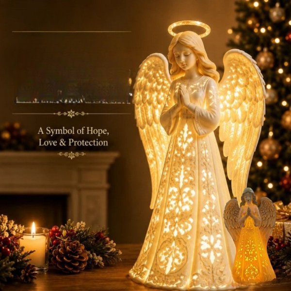 Beleuchtete Engel-Figur aus Harz, betender Engel mit warmem LED-Licht, Tischdekoration, religiöses Geschenk für den Heimgebrauch, zur Dekoration von Kaminsimsen.