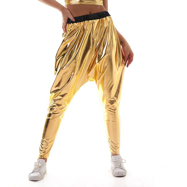 Pantalon holographique brillant pour femmes adultes, costume de pole légiticlub doré, streetwear décontracté, métal, fjHip Hop