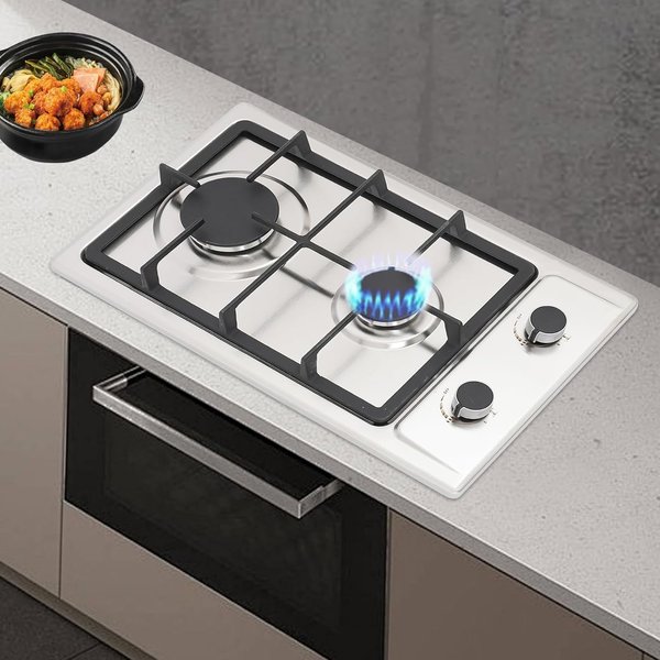 Gasherd mit 2 Brennern aus Edelstahl für Gasflascheninstallation oder Freistehender Gasherd für Jedes Kochgeschirr, Geeignet für Camping, Zuhause & Wohnmobil, LPG/Erdgas (Silber)