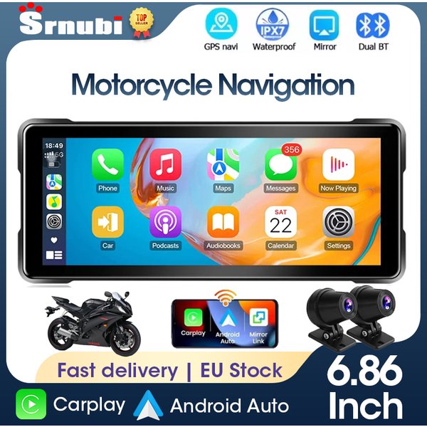 Srnubi 6.86 pouces sans fil CarPlay Moto Portable numérique Moto tableau de bord GPS Navigation écran d'affichage Android Auto moniteur