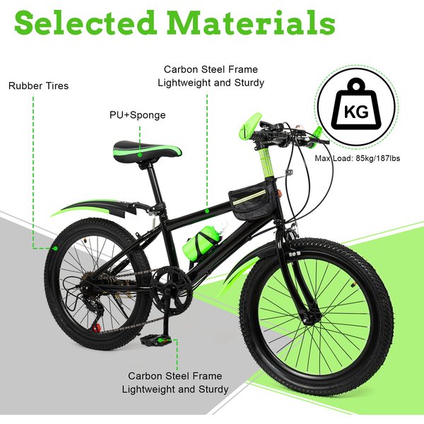20-Zoll-Mountainbike mit 7-Gang-Gang, verstellbarem Sitz, Kinderfahrrad mit Kotflügeln, Wasserkocherhalter, Wasserkocher für Jungen und Mädchen von 8–13 Jahren