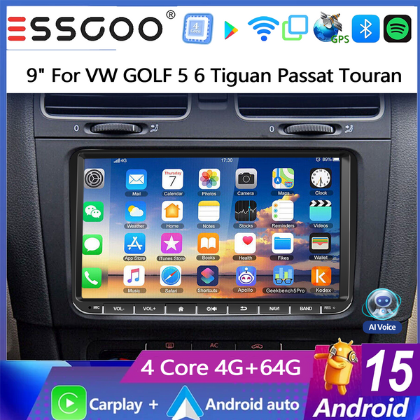 ESSGOO 9-calowe Radio Samochodowe z Androidem 15, 4+64G, do Seat/Skoda/VW Golf 5 6 Passat Polo Touran Tiguan Rabbit Sharan Caddy EOS T5, Bezprzewodowy Carplay, Android Auto, GPS NAVI, RDS, FM, WIFI,
