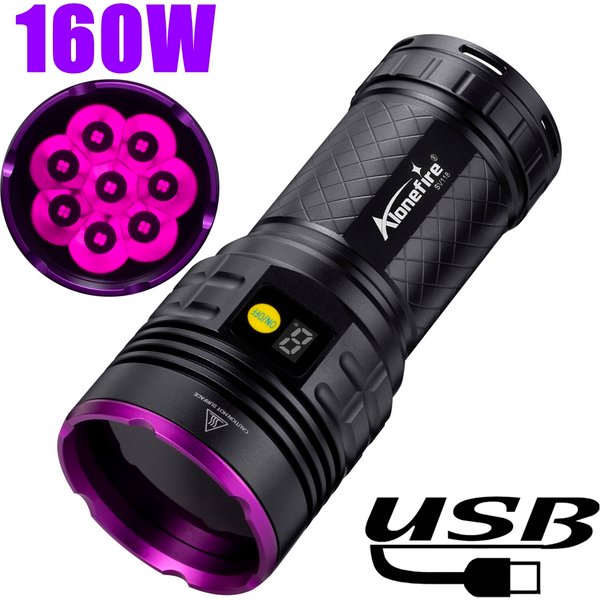 Lampe torche UV haute puissance 160W, lumière noire pour détecter les taches d'urine de chat et de chien, la teigne, la contrefaçon, les scorpions, les marquages, puissante et rechargeable.