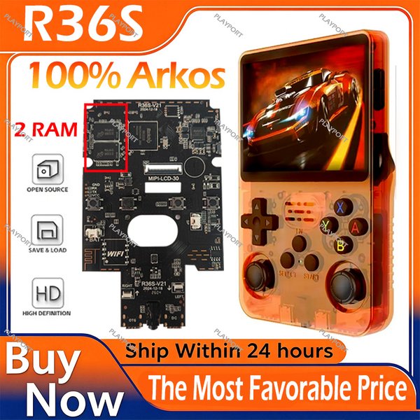 R36S Original Retro Handheld-Spielkonsole Arkos-System 3,5-Zoll-IPS-Bildschirm Tragbarer 64/128GB Hall-Effekt-Emulator Kabelloser Gamepad