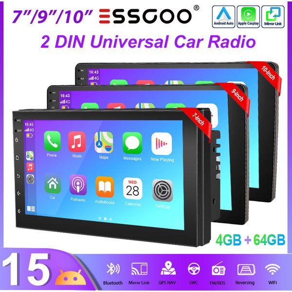 ESSGOO 7"/9"/10,1" Android 15 4+64G Uniwersalne radio samochodowe 2 DIN, bezprzewodowe CarPlay i Android Auto, nawigacja GPS, RDS FM, WiFi, Bluetooth, Mirror Link, sterowanie kierownicą, ekran