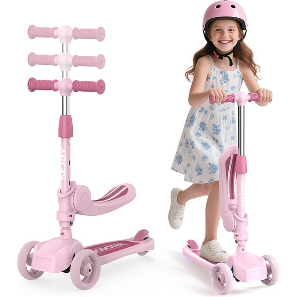 Sejoy Kick-Scooter für Kinder mit 3-Rad-Lenkstange, verstellbar, klappbarer Sitz – zum Sitzen oder Stehen fahren, mit Bremse
