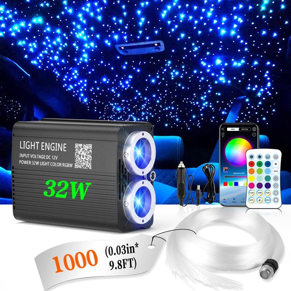 Twinkle Starlight Headliner Light, 16W/32W 300-1000pcs 6.5ft/9.8ft LED Star Ceiling Fiber Optic Light Kit APP/Remote Control for Car/Home/Party