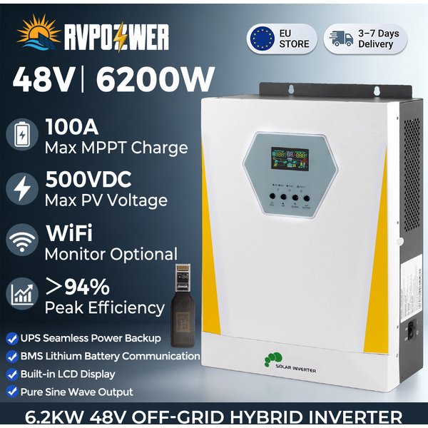 RVPOZWER 6,2 kW 48 V Hybrid-Solarwechselrichter, reine Sinuswelle, 100 A MPPT, WiFi, BMS, Trockenkontakt, PV 500 VDC für Heim-, Wohnmobil- und netzunabhängige Systeme