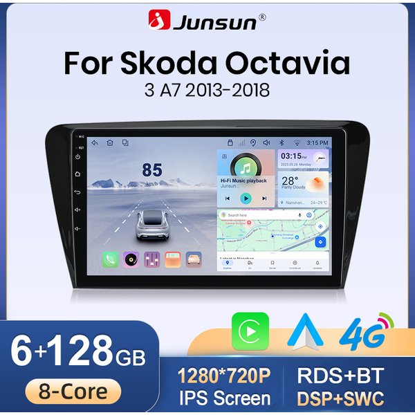 Junsun Kabelloses Apple CarPlay Android Auto für Skoda Octavia A7 2013-2018 Android 15 Autoradio GPS-Navigation IPS-Touchscreen Bluetooth WiFi DSP RDS Multimedia-Stereo Plug-and-Play-Haupteinheit