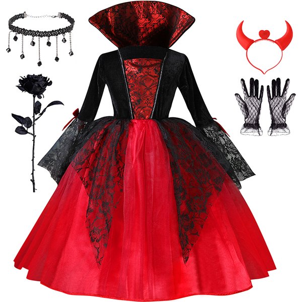 Kinder Mädchen Vampir-Teufel Cosplay-Kleid Komplettset mit Accessoires Halloween-Themenparty-Kostüm Feiertagsgeschenk für Mädchen