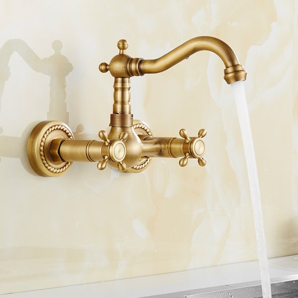 Robinets de cuisine en laiton classique, montés au mur, trous de poignée pour touristes, robinets d'eau froide et chaude, robinet de centre commercial rotatif