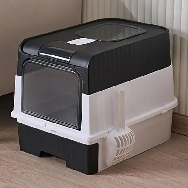 Bac à Litière, Maison de Toilette Fermé, Pelle à Litière et Boîte de Sac Désodorisant Inclus, Plateau Amovible, Capacité de Charge 15 kg, Rose/Noir/Gris