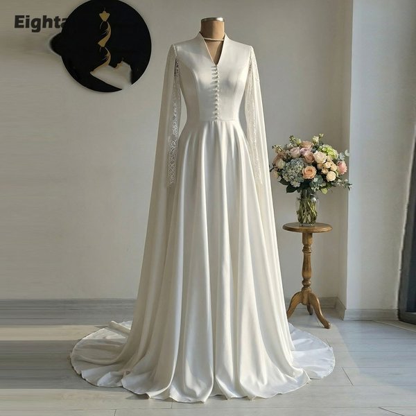 Robe de mariée arabe Eightale, col en V, dentelle personnalisée, satin ivoire, manches longues, manches cape, robe de mariée, robe de soirée pour la mariée