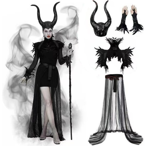 Damen Maleficent Halloween Cosplay Kostüm-Set Horn-Kopfschmuck Feder-Handschuhe Langer Netzumhang Böse Königin Party-Verkleidung