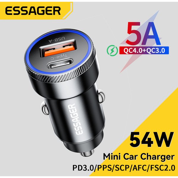 Essager 54W USB Car Charger 5A Fast Charge 3.0 QC PD 3.0 SCP AFC 30W USB Type C Quick Charging For iPhone Huawei Samsung Xiaomi