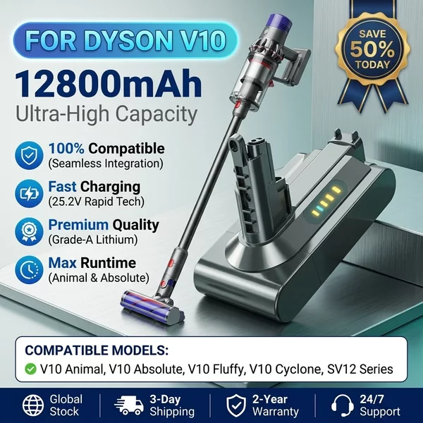 Wiederaufladbarer Lithium-Ionen-Akku 25,2 V 12800 mAh Staubsauger-Akku, geeignet für Dyson V10 Staubsauger, absolut austauschbar für Dyson Fluffy Cyclone Staubsauger