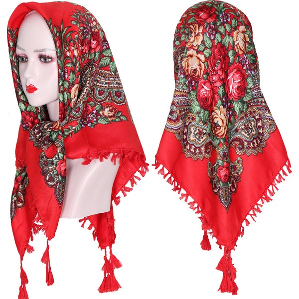 Foulard carré russe 90x90cm à franges courtes pour femme, imprimé floral de luxe, bandana, châle, foulard de tête, couvre-chef féminin