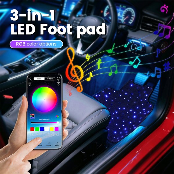 DE Lager 3-in-1 RGB Stern-LED-Autofußmatten mit Musik-Sync-App-Steuerung, Auto-Fußmatte RGB-Beleuchtung Musikmodul Universal für Alle Autos, Schnelle Lieferung Europa