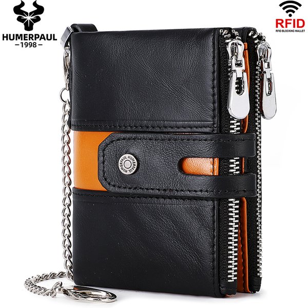 HUMERPAUL Genuine Leather Men's Wallet Fashion Quality Travel Purse Rfid Protect Credit Card Holder Wollst for Men with Chain