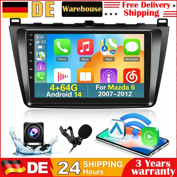 9 Zoll Android 14 Autoradio 4GB+64GB Doppel-DIN Touchscreen Autoradio Multimedia-Videoplayer für Mazda 6 2007-2012, unterstützt Wireless Carplay & Android Auto, GPS-Navigation, 5G WiFi, Bluetooth 5.0,
