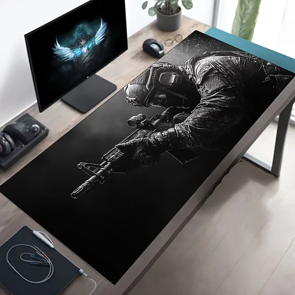 Großes Mauspad, taktisches Soldaten-Design, rutschfest, XXL-Schreibtischunterlage, Gaming-Zubehör, genähte Kanten für Zuhause und Spiel für FPS-Gamer