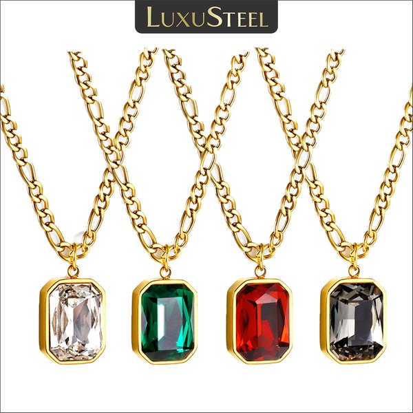Collier pendentif en cristal carré coloré rétro de luxe pour femmes, chaîne Figaro en acier inoxydable, vert blanc rouge CZ, cadeau de mariage