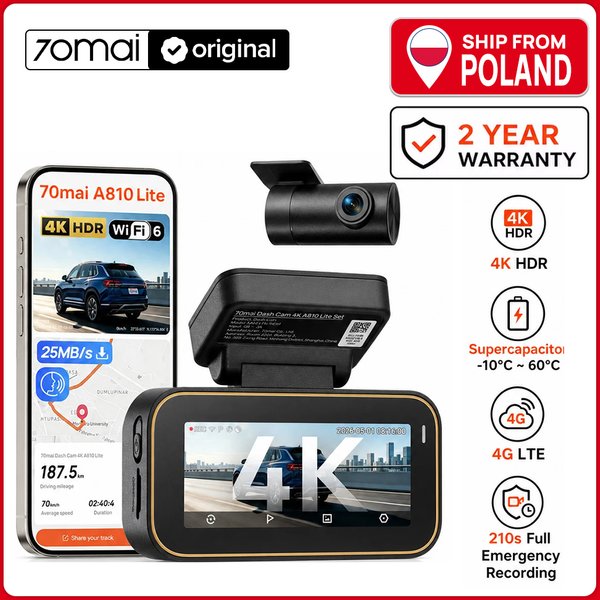 Kamera samochodowa 70mai Dash Cam A810lite 4K HDR z noktowizorem, superkondensatorem, obsługą sterowania głosowego, 4G LTE, wbudowanym GPS, Wi-Fi 6 i funkcją parkowania 24H.