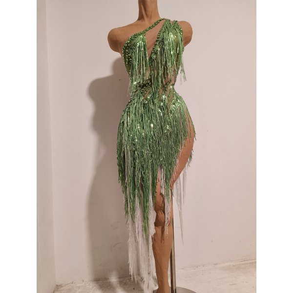 Women Sparkly Rhinestones Tassel Green One Shoulder Sexy See-Through Dress Latin Dance Outfits Bar Nightclub Party Stage Costume