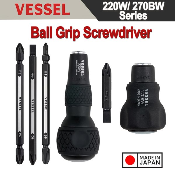 VESSEL-Tournevis Phillips Pozidriv à fente, embouts de rechange à poignée sphérique, outil multifonctionnel, Japon, 220W-3, 270BW-62