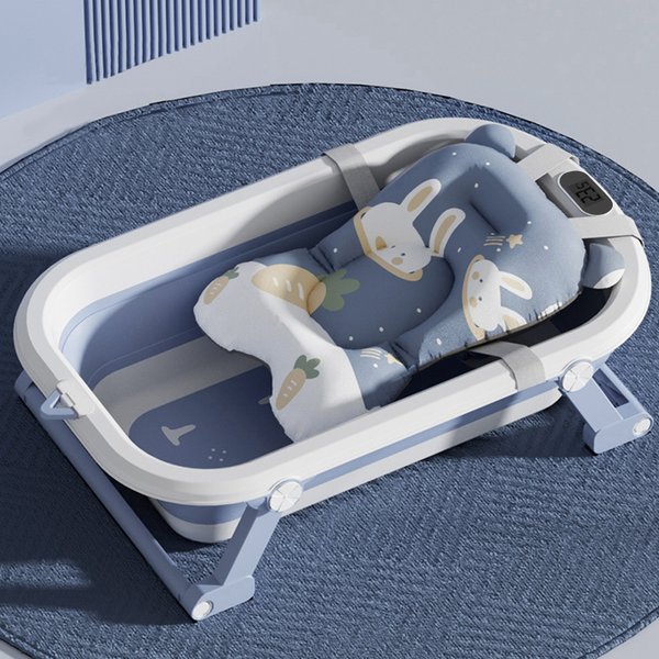 Babybadewanne, faltbare Babybadewanne mit Thermometer und Badematte, rutschfeste tragbare Reise-Babybadewanne, 0–36 Monate