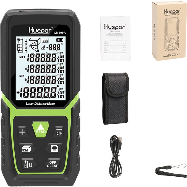 Huepar lm100a Laser-Entfernungs messer m hintergrund beleuchteter LCD-Laser messen m/in/ft mit Li-Ionen-Akku und elektrischem Winkels ensor