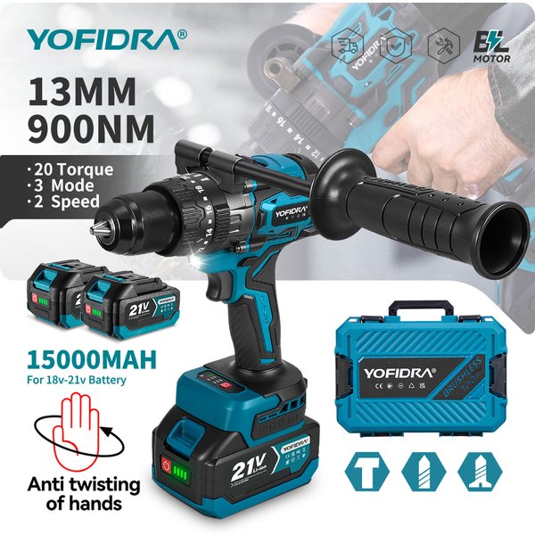 YOFIDRA 900N.M 13MM Bürstenloser Elektro-Schlagbohrer 20+3 Drehmoment Handbohrschrauber Elektrowerkzeug für Makita-Akku