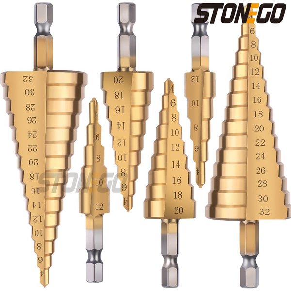 Stufenbohrer mit 1/4 Zoll Sechskantschaft, 4–12 mm/4–20 mm/4–32 mm, kegelförmiger, titanbeschichteter Metall-Lochschneider, HSS-Hochgeschwindigkeitsstahl, Schnellwechsel