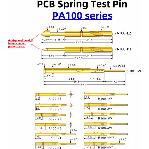 Sonda sprężynowa z mosiądzu pozłacanego serii PA100, pin testowy, igła do wykrywania Pogo Pin, narzędzie do testowania PCB P100-B PA100-B1 33,35 mm 1,36 mm