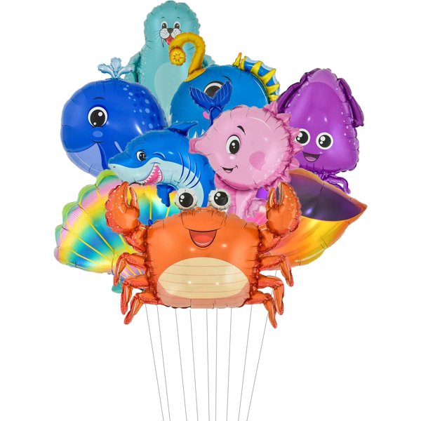 9 Stück Mini-Meereslebewesen-Folienballons, Muschel, Krabbe, Hippocampus, Walballon, Kindergeburtstag, Kindertag, Dekorationen, Spielzeug