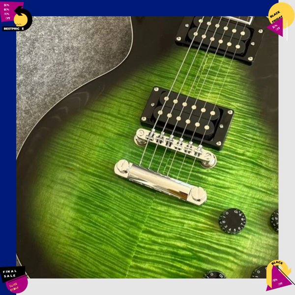 Guitare électrique vintage verte finition Tiger Flame Burst, micros HH, accastillage chromé, guitare pour performance live, livraison gratuite