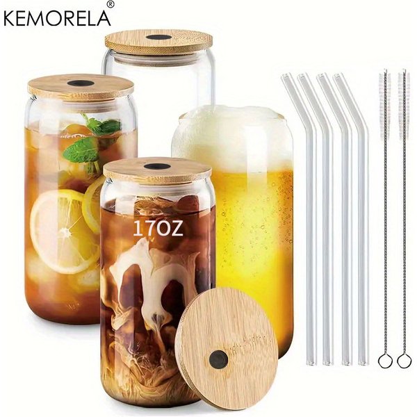 Ensemble de verres à boire avec paille en verre, gobelet à café glacé, verre en forme, standard, bière, 500ml, 17oz, 1 pièce, 2 pièces, 4 pièces