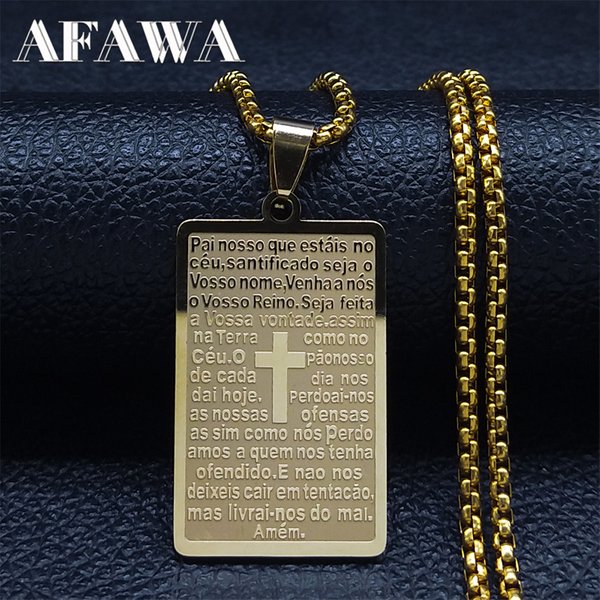 Collier religieux en acier inoxydable avec croix chrétienne et verset biblique, bijoux portugais pour homme N2035S02
