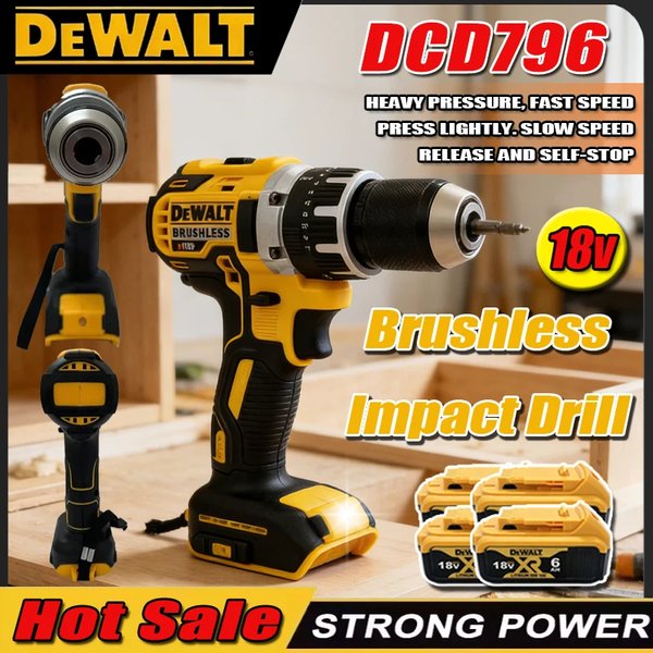 Wiertarko-wkrętarka akumulatorowa Dewalt DCD796, bezszczotkowa, wielofunkcyjna, przenośna, zasilana baterią 18V, elektronarzędzia.